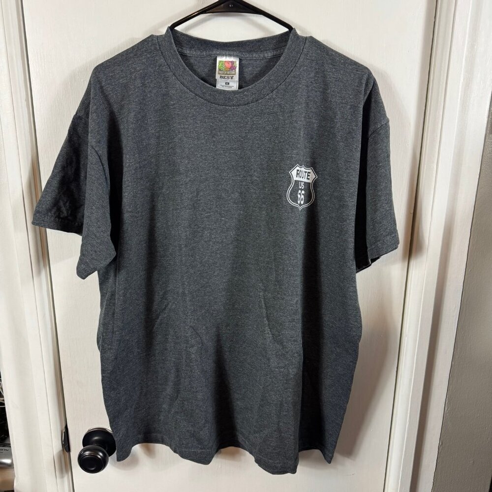 Historic Route 66 gray souvenir crewneck t-shirt.  Screen printed